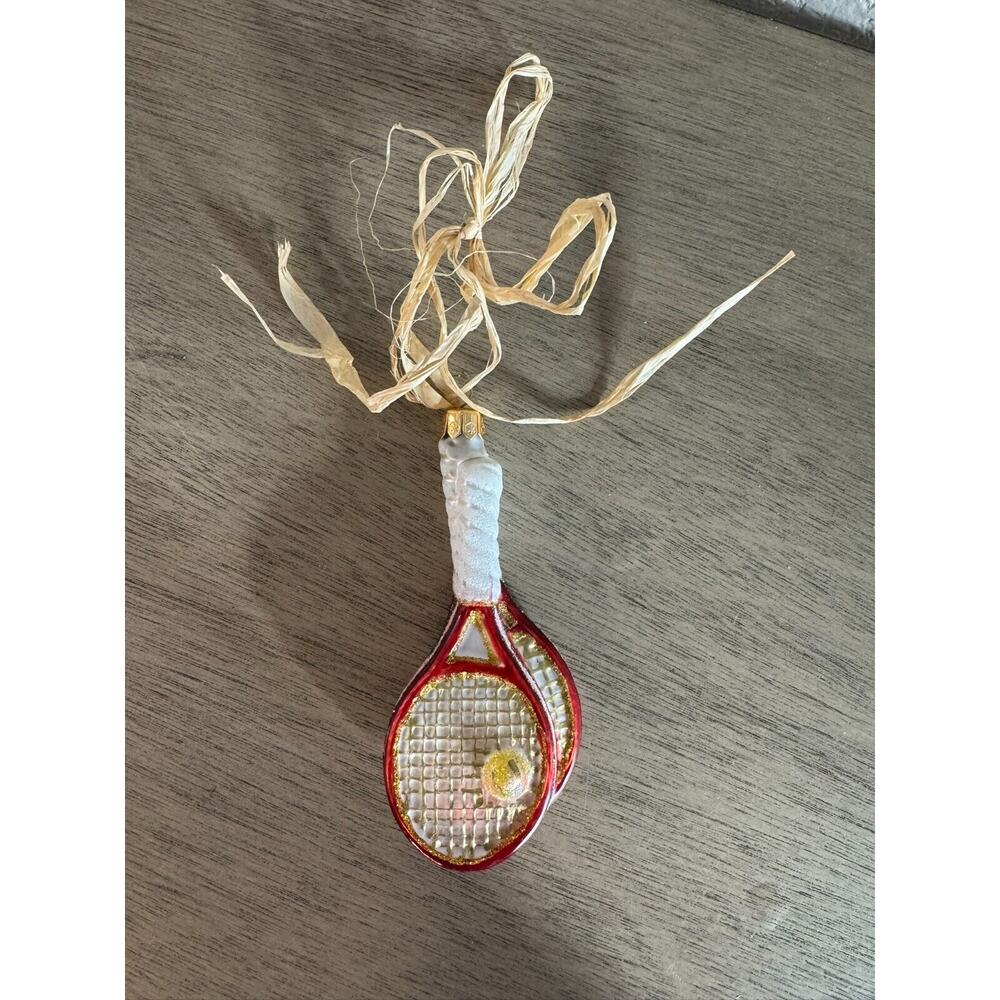 Glass Tennis Racket Christmas Ornament‎ – Red & White with Ball Detail